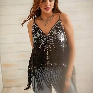Black and Silver Beaded Fringe Top